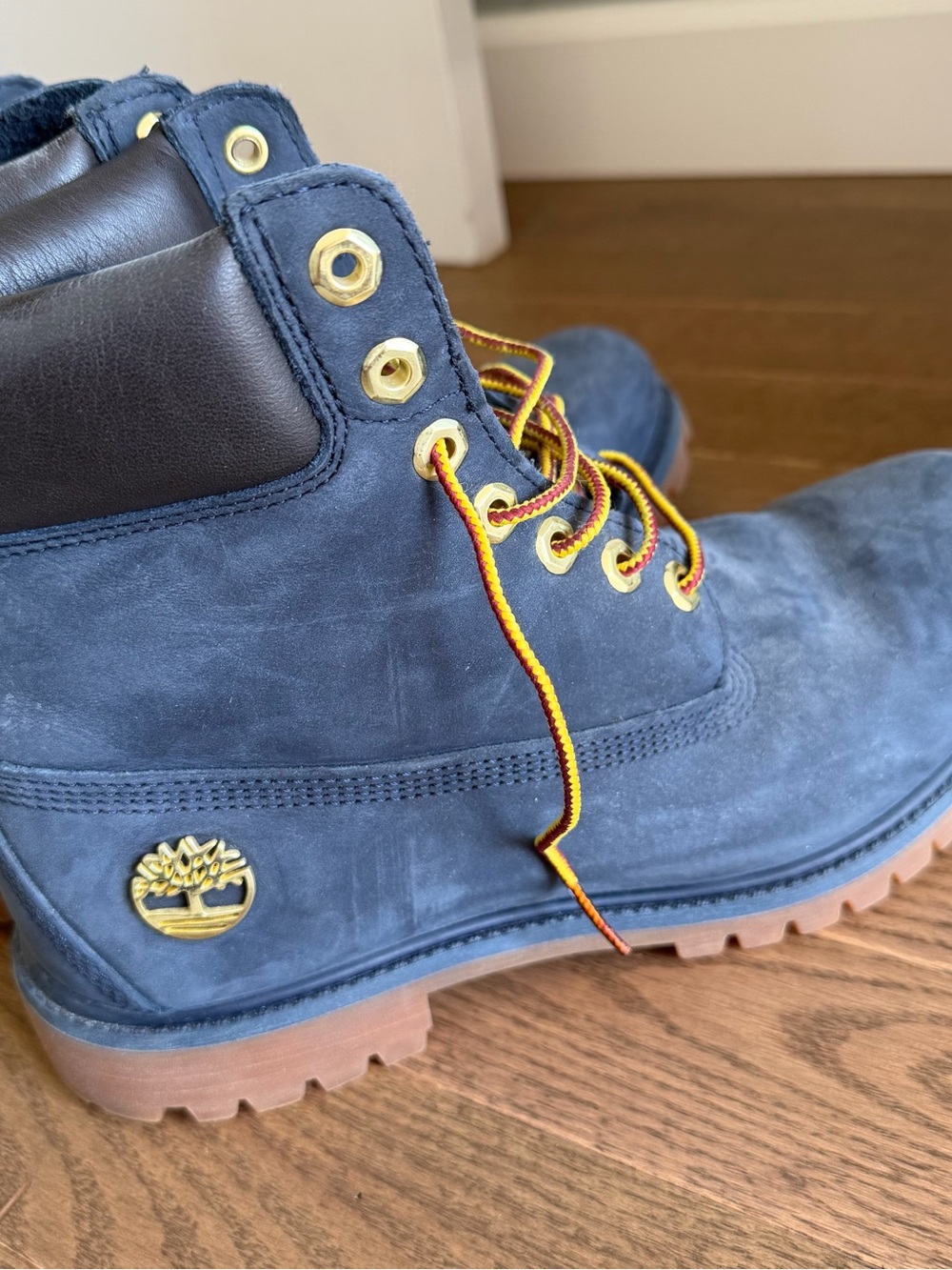 Timberland Navy Nubuck Boot with Gold Hardware and Brown Lug Sole